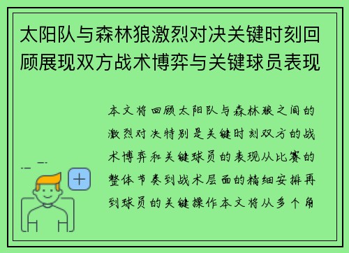 太阳队与森林狼激烈对决关键时刻回顾展现双方战术博弈与关键球员表现
