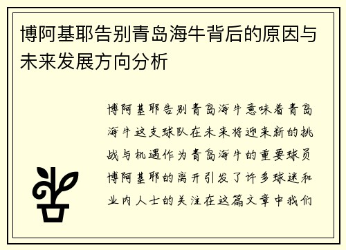 博阿基耶告别青岛海牛背后的原因与未来发展方向分析